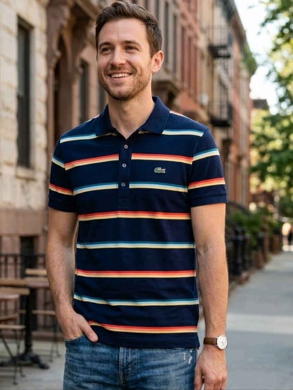 Lacoste Short-Sleeve Black & White Pinstripe Dress Polo